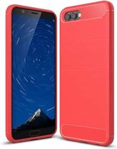 Voor Huawei Honor View 10 geborsteld textuur koolstofvezel schokbestendig TPU robuust pantser beschermhoes (rood)