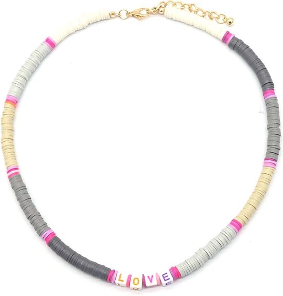 Dielay - Collier LOVE - Perles - Longueur ajustable 42-48 cm - Marron et Grijs