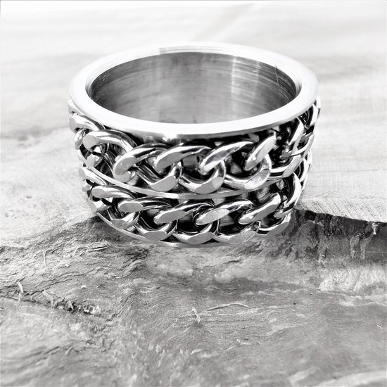 Ring edelstaal brede dubbel schakel ketting in midden, maat 19, Ring zowel geschikt voor dame of heer of als duimring. - Lili 41