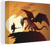 Peintures sur toile - Illustration d'un dragon et d'un chevalier au coucher du soleil - 120x90 cm - Décoration murale