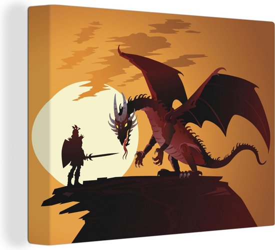 Canvas Schilderij Illustratie van een draak en een ridder bij zonsondergang - 120x90 cm - Wanddecoratie