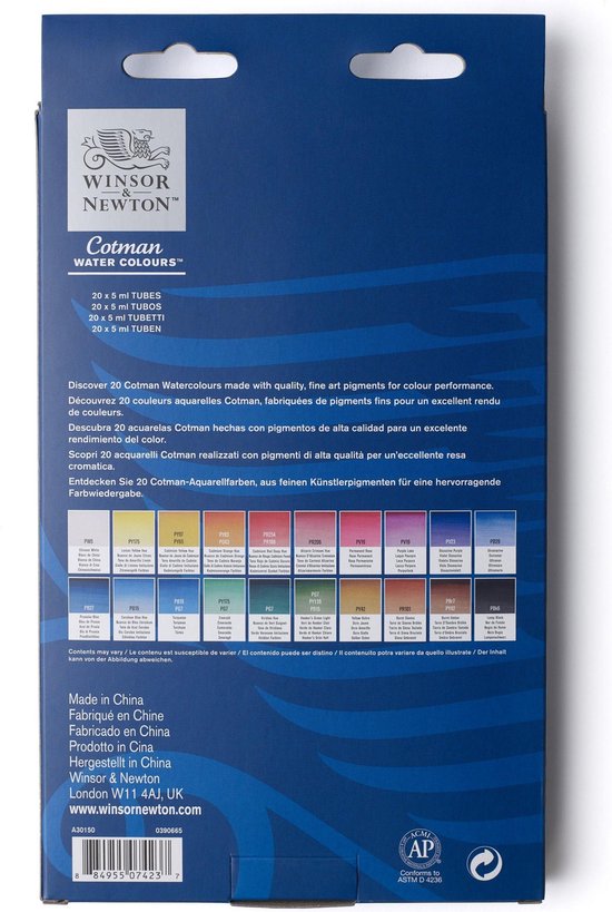 Winsor & Newton 0390665 Cotman Aquarelverf Set – Beginners Set 20 x 5 ml – Essentiële Waterverfkleuren met Hoge Kwaliteit Pigmenten