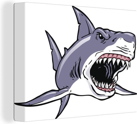 Canvas Schilderij Een tekening van een witte haai met open bek - Wanddecoratie