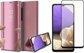 Hoesje geschikt voor Samsung A32 en Screenprotector Spiegel Book Case Cover Hoes Rosegoud + Screen Protector Glas Full Screen