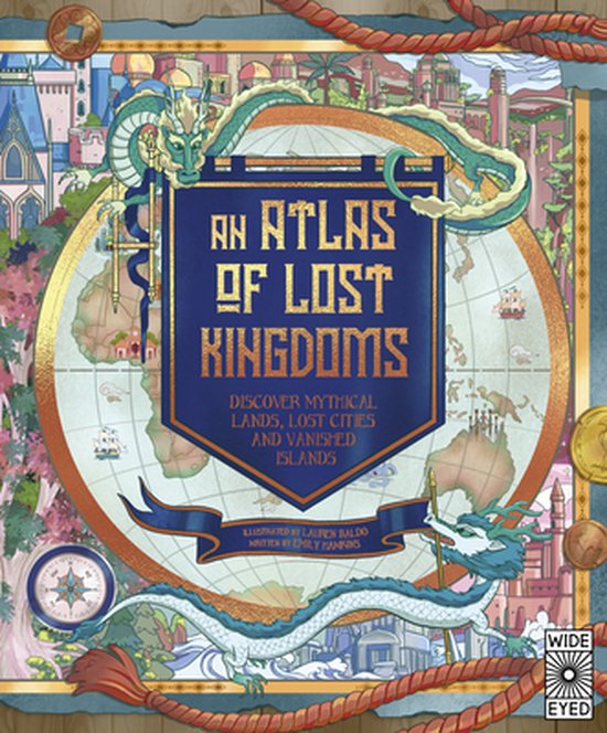 An Atlas of Lost Kingdoms-boek met een wereldkaart, versierd met Chinese draken en maritieme elementen.