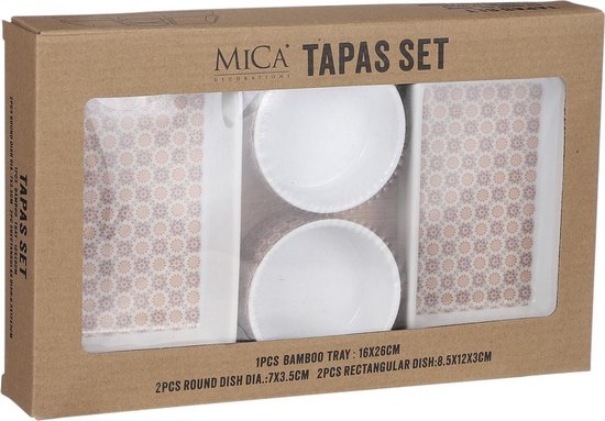Mica Decorations - Luxe Tapas set - 4 Tapas Schaaltjes op Houten Plank - Tapasplank Servies - Borrelplank - Mica Decorations
