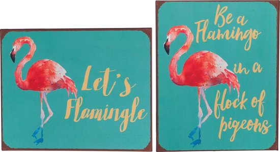J-Line Plakkaat Flamingo Metaal Azuur/Roze Assortiment Van 2