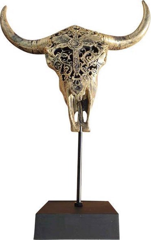 Skull op Standaard - Skull - Standaard - Buffelschedel Op Standaard - Buffelschedel - Dierenhoofd - Skull - Goud - Brons - 31 cm breed