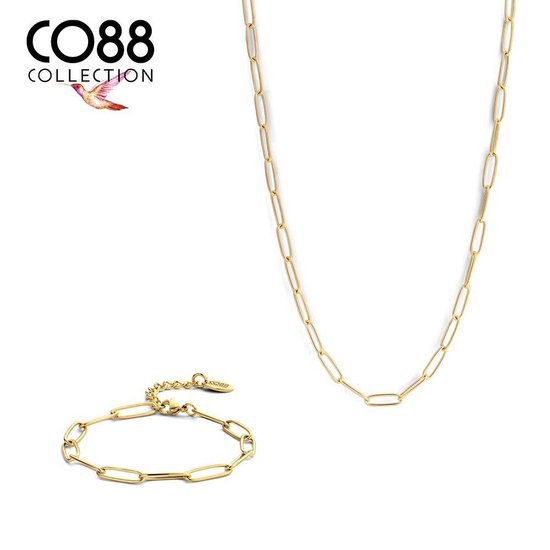 CO88 Collection 8CO-SET084 Stalen Sieradenset - Ketting met Armband - Ovale Schakels - 38 + 5 cm - 16,5 + 3 cm - Goudkleurig