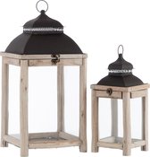 J-line Set Van 2 Lantaarn Hout/Glas Naturel