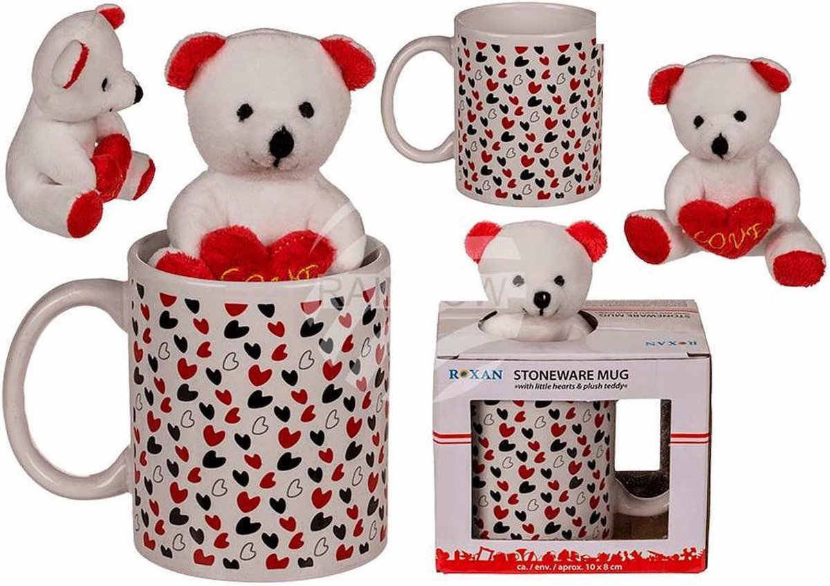 Stenen mok met hartjes en klein beertje | in geschenkverpakking | 10 x 8 cm - 300 ml | love liefde | cadeau Bruiloft Moederdag Valentijn