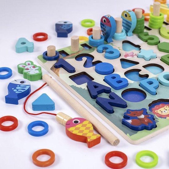 Afbeelding van het spel Montessori Houten Educatief Spel - Alfabet - Cijfers - Tellen - Kleuren - Geometrie - Vissen - Dieren