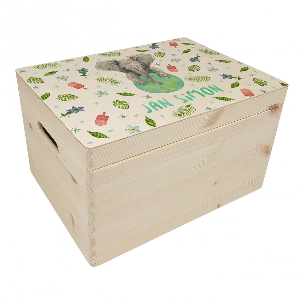 World of Mies memorybox olifant met naam - Houten herinneringskist 30 x 40 x 23 cm - met handvaten - hoogwaardige kleurenprint in het hout - handgeschilderd design door Mies