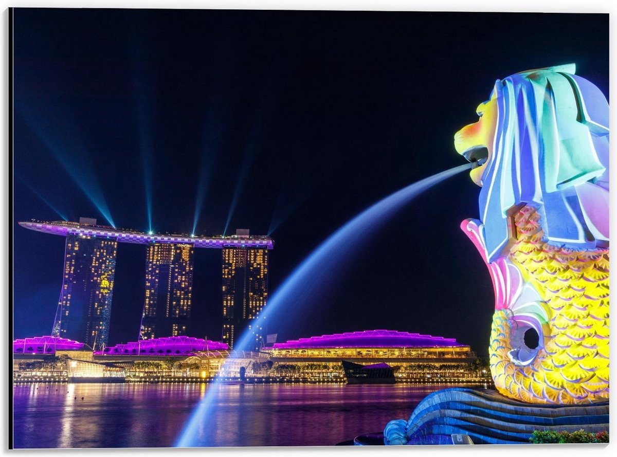 Dibond - Fontein in Merlion Park, Singapore - 40x30cm Foto op Aluminium (Wanddecoratie van