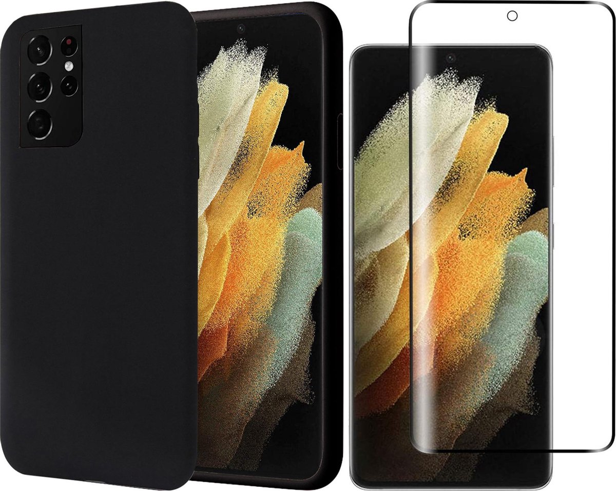 Hoesje geschikt voor Samsung S21 Ultra - Zwart Siliconen Case - Screen Protector Glas