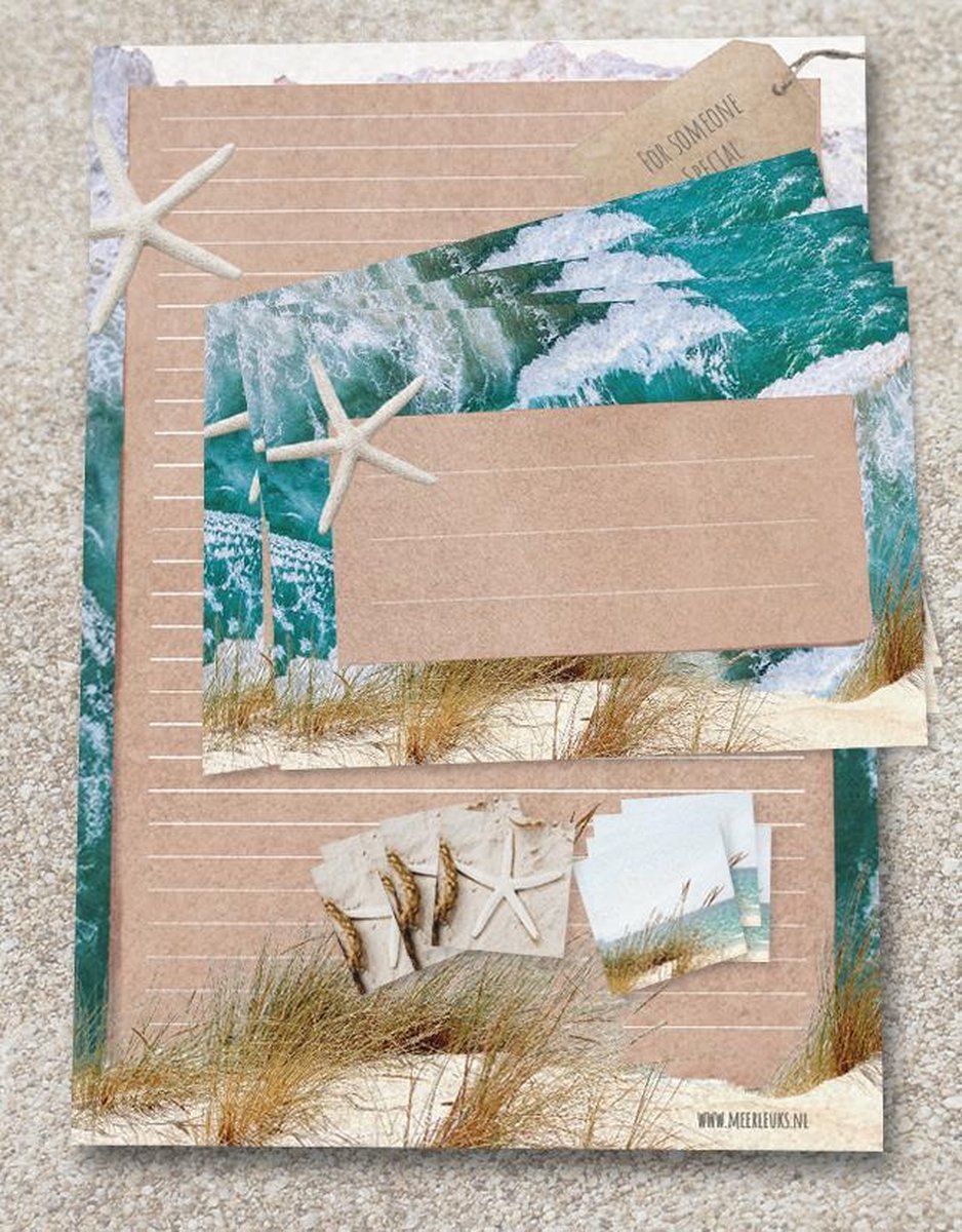 Briefpapierset Strand / Zee - Schrijfblok 50 vel A4 formaat + 12 enveloppen + 12 sluitstickers