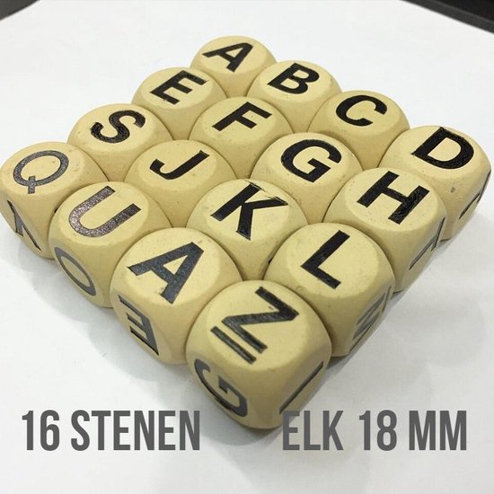 Afbeelding van het spel Allernieuwste 16 Stuks Letter Dobbelstenen Set - Dobbelstenen met Letters Spel - Hout 18 mm - Letterdobbelsteen 1,8 cm - 16 st