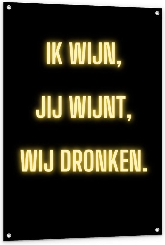 Tuinposter – Tekst: ''Ik Wijn, Jij Wijnt, WIj dronken'' Neon Letters Goud/Zwart - 80x120cm Foto op Tuinposter  (wanddecoratie voor buiten en binnen)