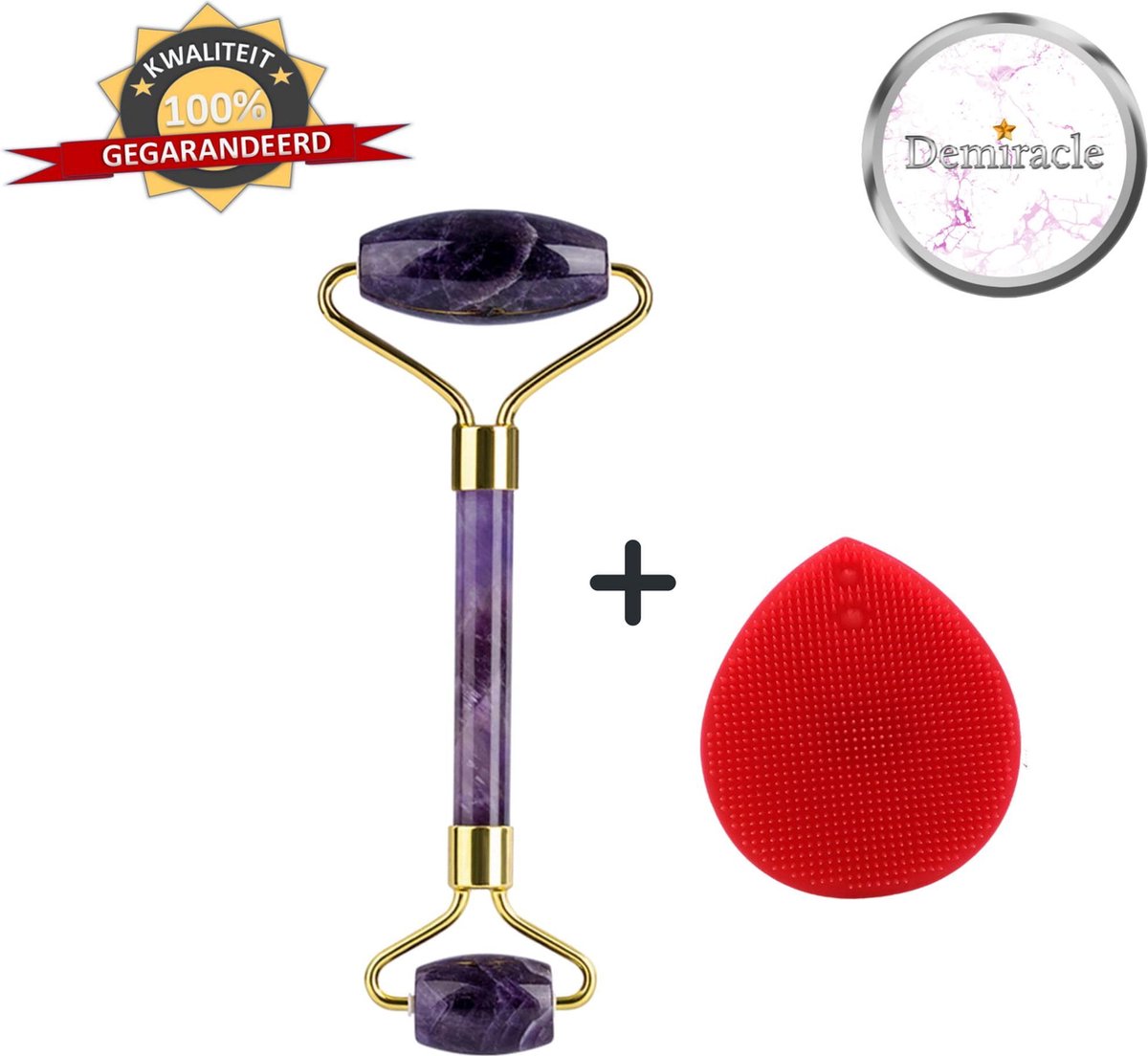 Demiracle Amethist Face Roller met Rode Siliconen Gezichtsborstel - Cadeau - Gezichtsroller - Massage Roller - Jade Roller - Rimpelverwijdering - Ontspanning - Kwaliteit