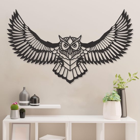 Wanddecoratie - Uil - Dieren - Hout - Wall Art - Muurdecoratie - Woonkamer - Zwart - 89 x 52.5 cm