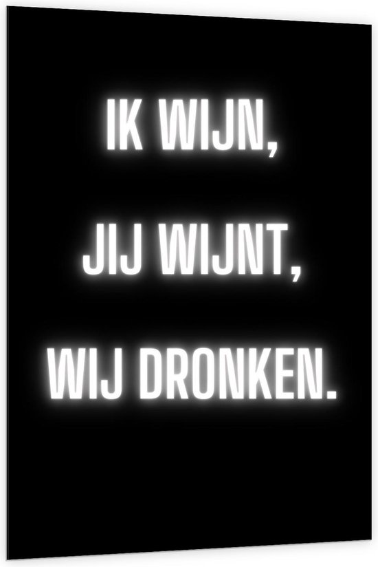 Dibond - Tekst: ''Ik Wijn, Jij Wijnt, WIj dronken'' Neon Letters Wit/Zwart - 100x150cm Foto op Aluminium (Wanddecoratie van metaal)