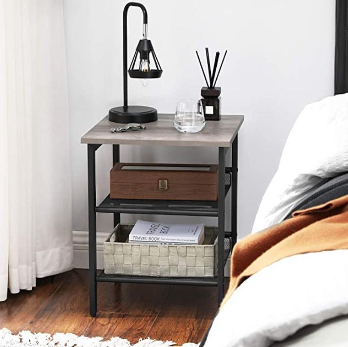Bijzettafel, Nachtkastje - SONOMA - Industriële Stijl, Stalen Frame Kleur Eiken Sonoma En Zwart Voor Woonkamer Of Slaapkamer 55 X 45 X 45 Cm