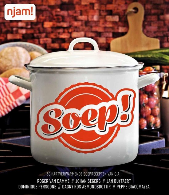 Witte emaille soeppot met oranje "Soep!" logo. "njam!" logo bovenin. Tekst onderaan: "50 hartverwarmende soeprecepten van o.a."