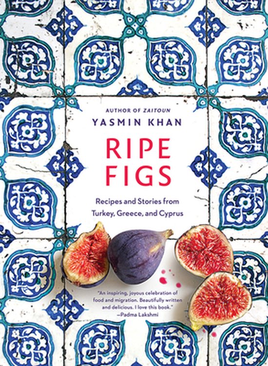 Boek "RIPE FIGS" van Yasmin Khan met recepten en verhalen uit Turkije, Griekenland en Cyprus, afgebeeld met drie rijpe vijgen.