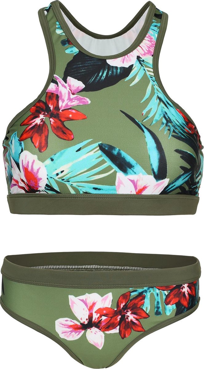 Bikini sport basic - Olijfgroen bloemen 164-170