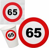 Verjaardag feestartikelen tafel dekken set 65 jaar verkeersbord/stopbord thema - 24x bordjes - 24x bekertjes - 32x servetten