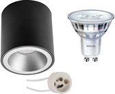 PHILIPS - Opbouwspot Set - SceneSwitch 827 36D - Primux Cliron Pro - GU10 Fitting - Dimbaar - Opbouw Rond - Mat Zwart/Zilver - 1.5W-5W - Warm Wit 2200K-2700K - Verdiept - Ø90mm