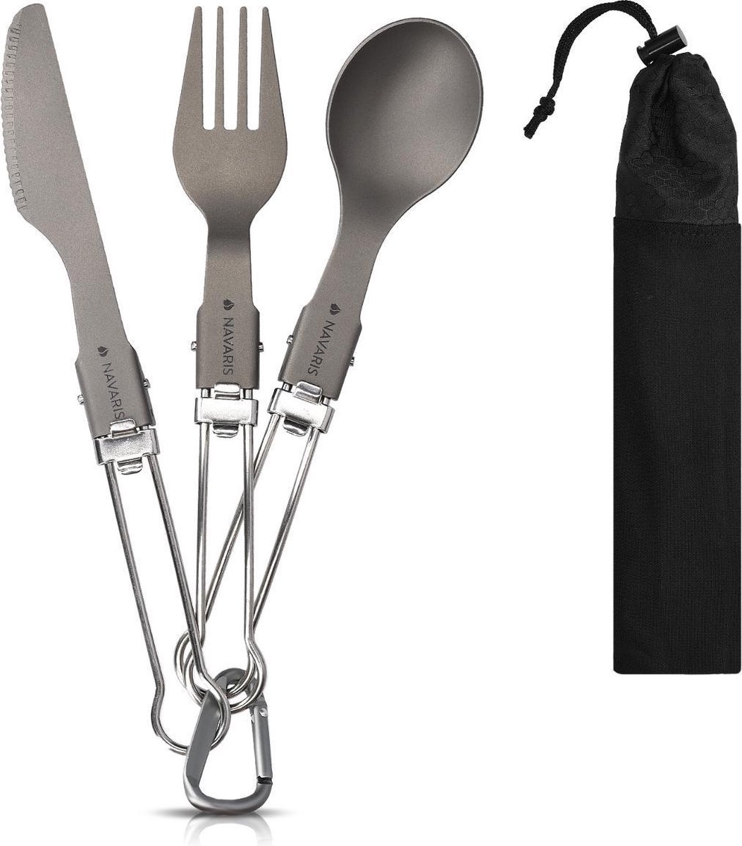 Navaris campingbestek van titanium - Set met vork, mes en lepel - Inklapbaar - Bestekset voor onderweg - Inclusief karabijnhaak en bewaarzakje