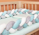 Save Steve  Gevlochten baby bed bumper - 2 Meter - Wit, grijs en blauw  -  Bedomrander - Veiligheid