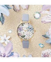 Olivia Burton Bejewelled floral as big dial Chalk Blue - OB16BF21 - Dameshorloge - Blauw - Goudkleurig - Bloemen - Lederen horlogeband - 38 MM