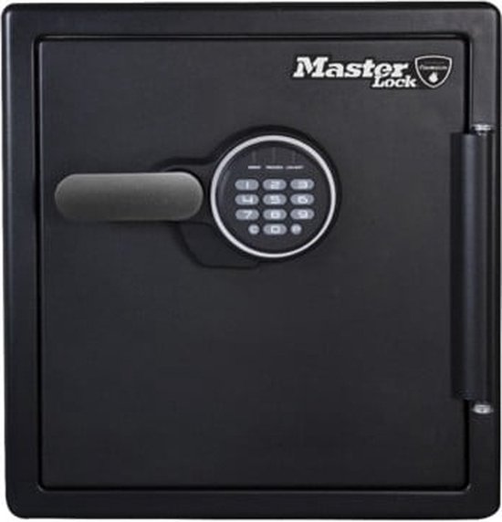 Zwarte Master Lock kluis met digitaal cijferslot en handvat.