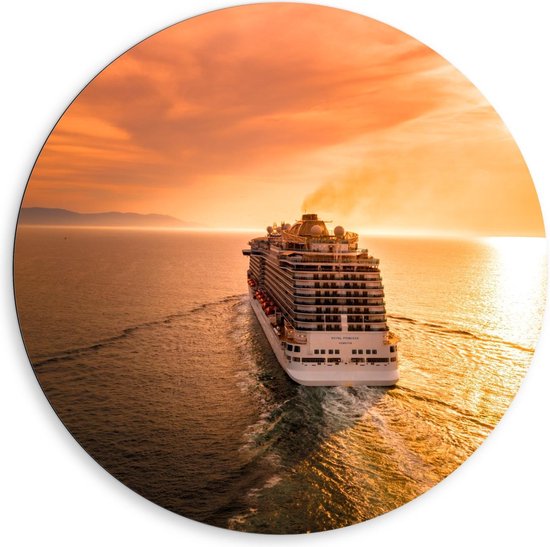 Dibond Wandcirkel - Wegvarend Cruisesschip met Zon - 80x80cm Foto op Aluminium Wandcirkel (met ophangsysteem)