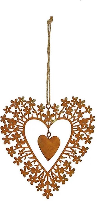 Hanger, bruinmetalen Hart met bloemetjes, set van 2