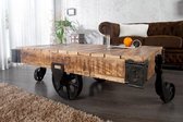 Massiev mangohout design salontafel industrieel 128 cm met 4 wielen