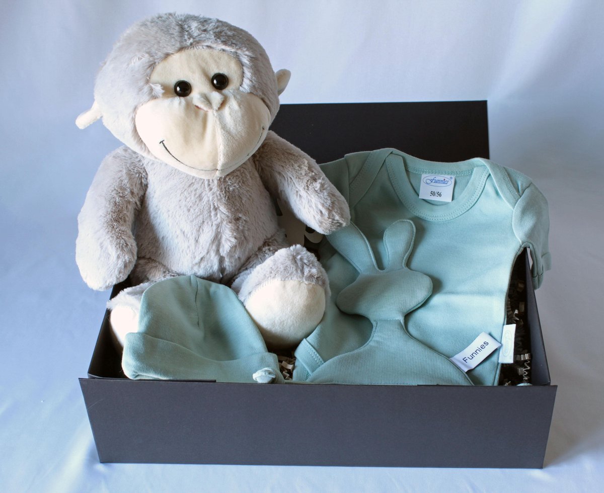 Goedkoopste Giftbox Aap stone green, Knuffel aap, romper, mutsje, speendoekje, kraamcadeau, kraammand