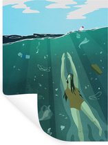 Muursticker Zee illustraties - Illustratie vanvrouw in plasticsoep - 30x40 cm - zelfklevend plakfolie - herpositioneerbare muur sticker