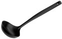 Louche noire avec une coupe ronde et profonde et un long manche avec un trou de suspension.