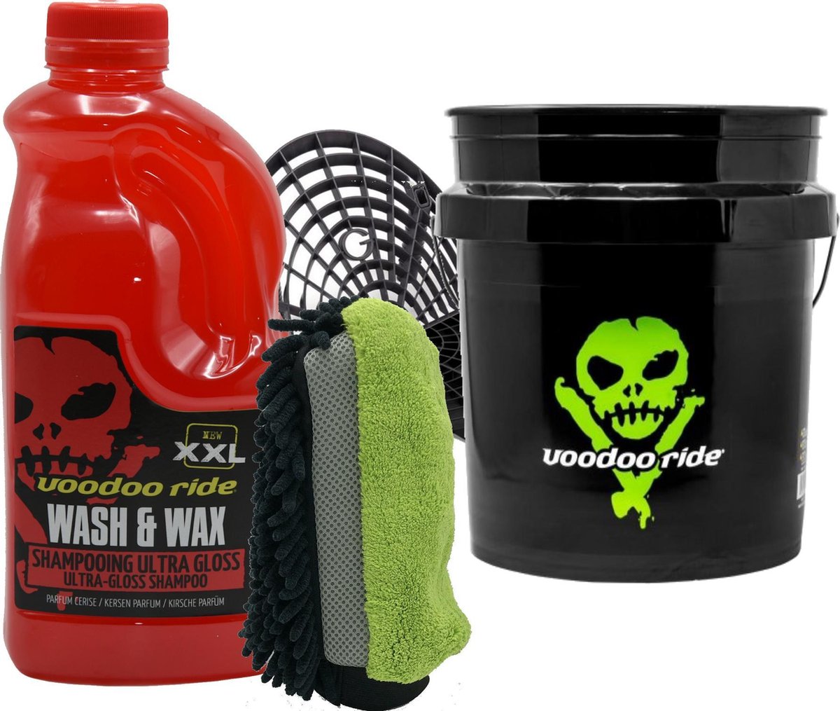 VooDoo Ride XL complete was set compleet met 2Ltr Wash & Wax shampoo, WashMitt , een grote 5 gall 19 Ltr emmer, GritGuard Grit TWV € 56,50,-