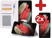 Samsung S21 Ultra Hoesje Book Case Met 2x Screenprotector - Samsung Galaxy S21 Ultra Hoesje Wallet Case Portemonnee Hoes Cover - Wit