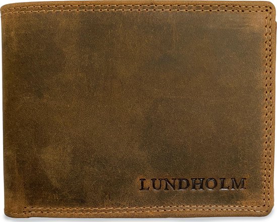 Bruine Lundholm portemonnee van hunter leer, met logo en stiksels.