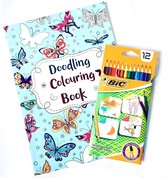 Tekenset ''Doodlen'' - Doodling kleurboek + BIC kleurpotloden - Kleurboek - Kleurpotloden voor volwassenen - Volwassen kleurboek met potloden