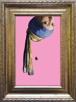 Meisje met de Parel ondersteboven - grappige kunst in het klein - cadeau - roze - ingelijst 15x20cm