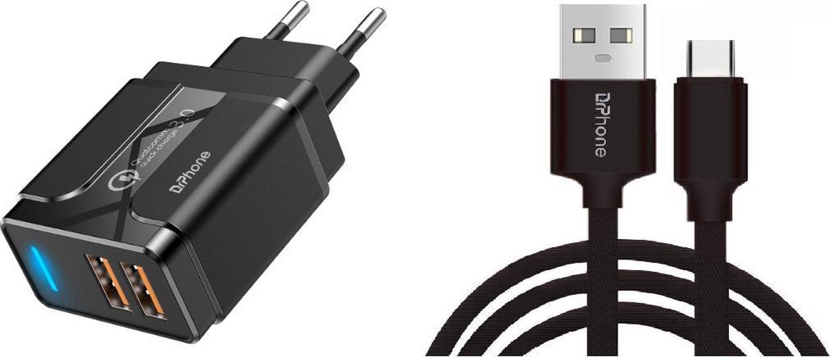 DrPhone PS-Y - 1 Meter Kabel - USB-C - Oplaadkabel – 18W Dubbele Qualcom 3.0 Quick Charge - Adapter - Snel Lader – Zwart