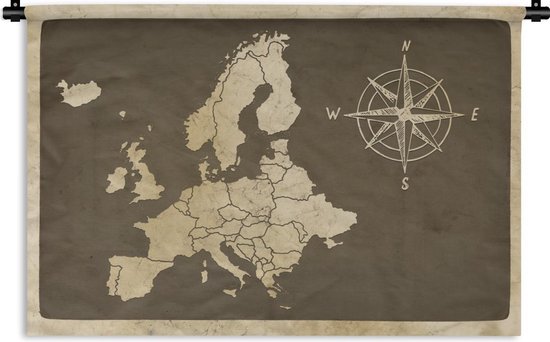 Wandkleed EuropakaartenKerst illustraties - Vintage Europakaart met windroos Wandkleed katoen 150x100 cm - Wandtapijt met foto
