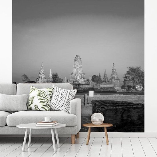 Papier peint Wat Papier peint photo - Tours Wat Chaiwatthanaram, Thaïlande - Zwart- Wit largeur 220 cm x hauteur 220 cm - Impression photo sur papier peint vinyle (disponible en 7 formats) - chambre/séjour/bureau