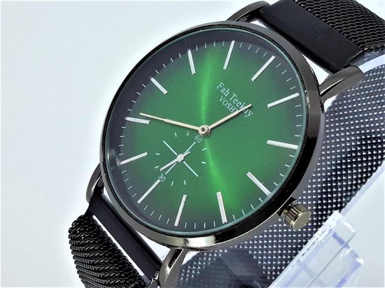 Voshy Quartz horloge, zwart mesh band, groen effect wijzerplaat,  magneetsluiting | bol.com
